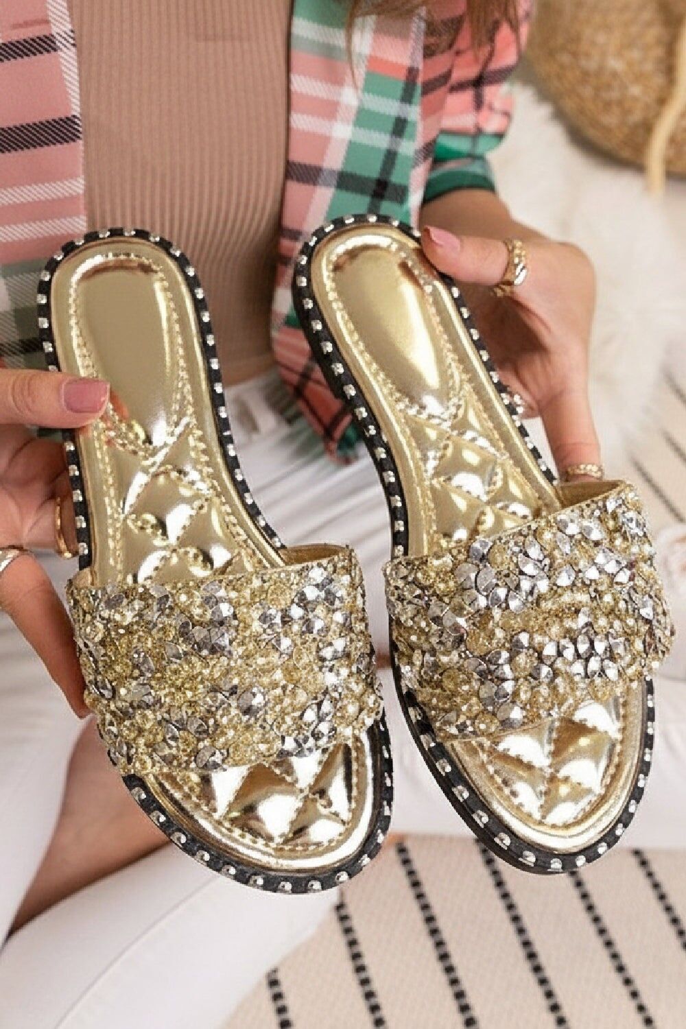 Gold Crystal Embellished Slide Sandals (PACK OF 12 PAIRS UK3-UK8)