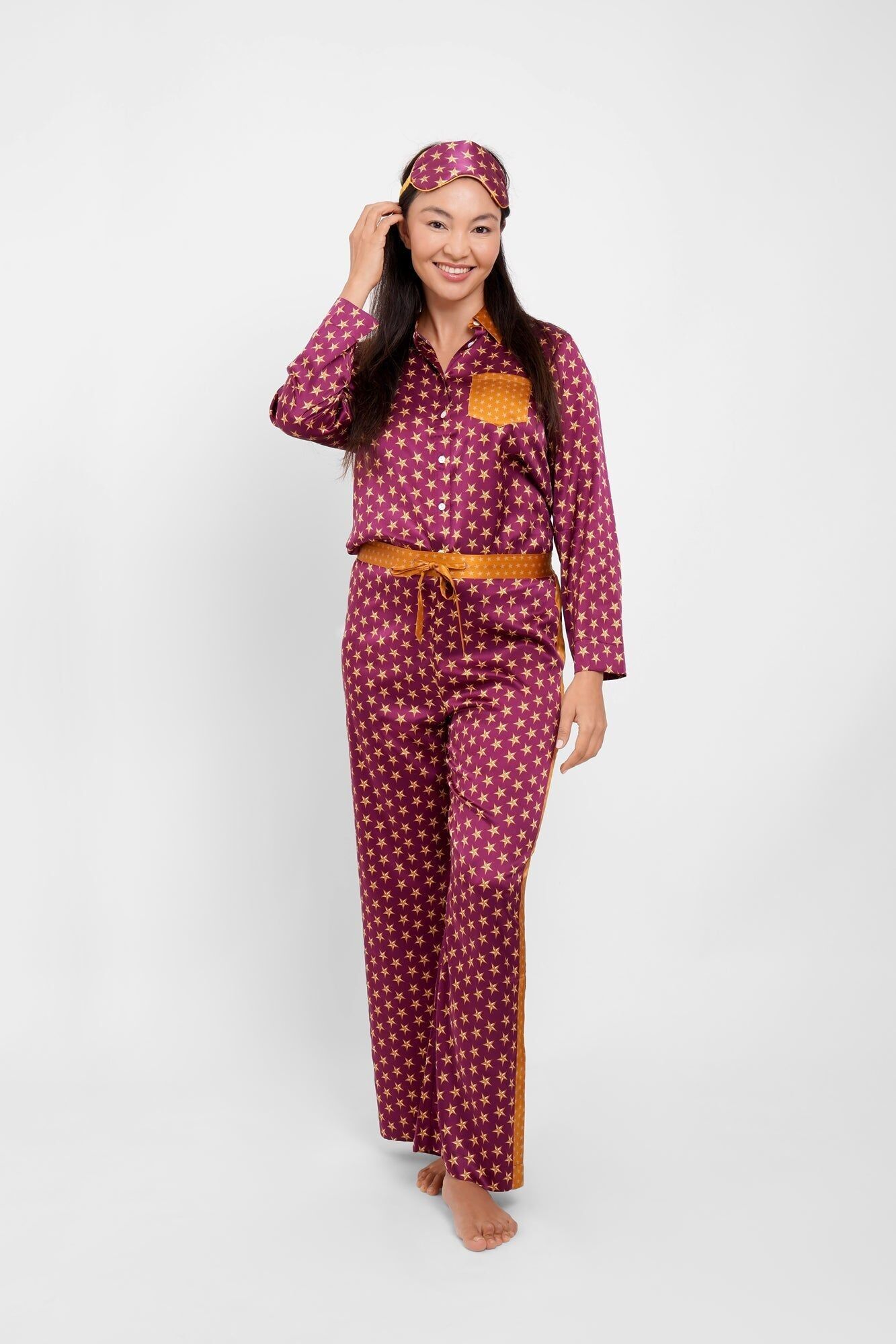 Pyjama and Eye Mask Set / "Burgundy Stars"