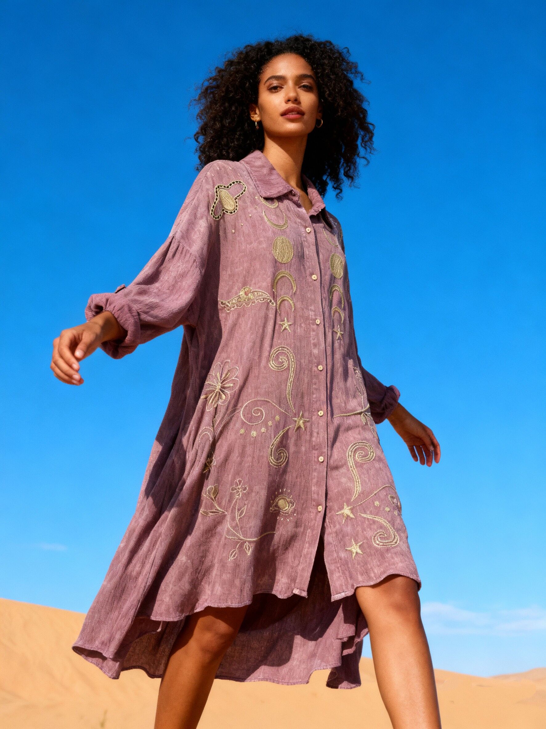 Shirt dress with embroidery, V-neck, flared cut