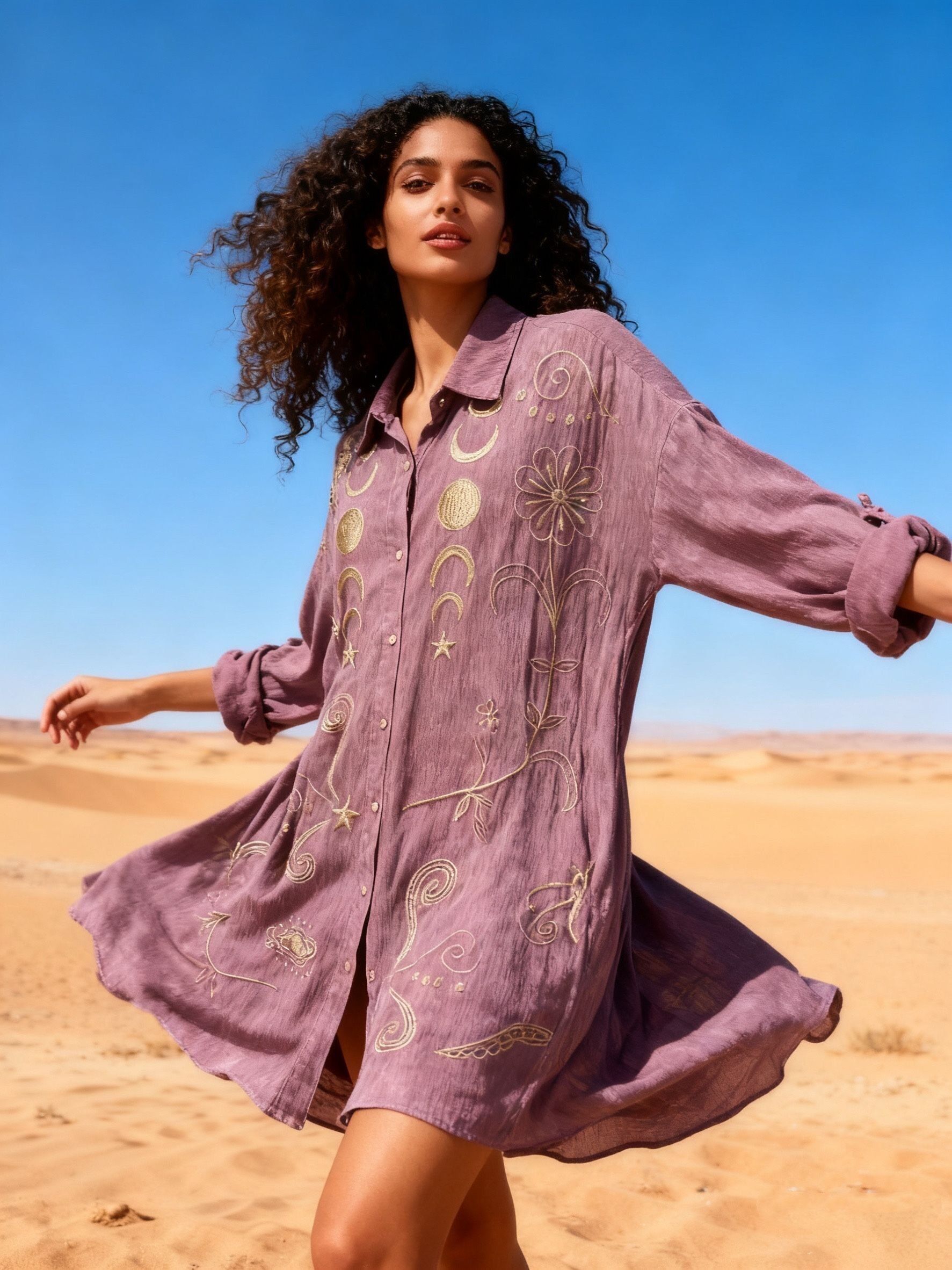 Shirt dress with embroidery, V-neck, flared cut, faded fabric