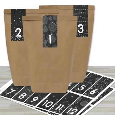 DIY Calendario de Adviento para llenar - con 24 bolsas de papel marrón y 24 pegatinas en blanco y negro - para hacerlo tú mismo y hacer manualidades - Mini Set No. 33 - Navidad para niños