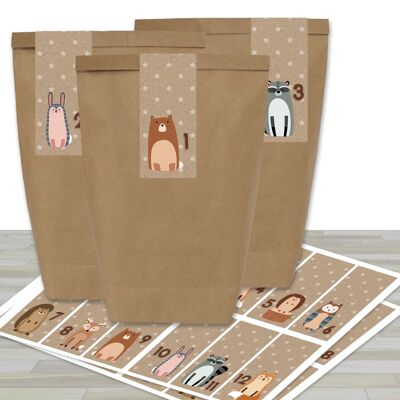 Calendario de Adviento DIY para llenar - con 24 bolsas de papel marrón y 24 pegatinas de animales del bosque - para hacerlo tú mismo y hacer manualidades - Mini Set No. 34 - Navidad para niños