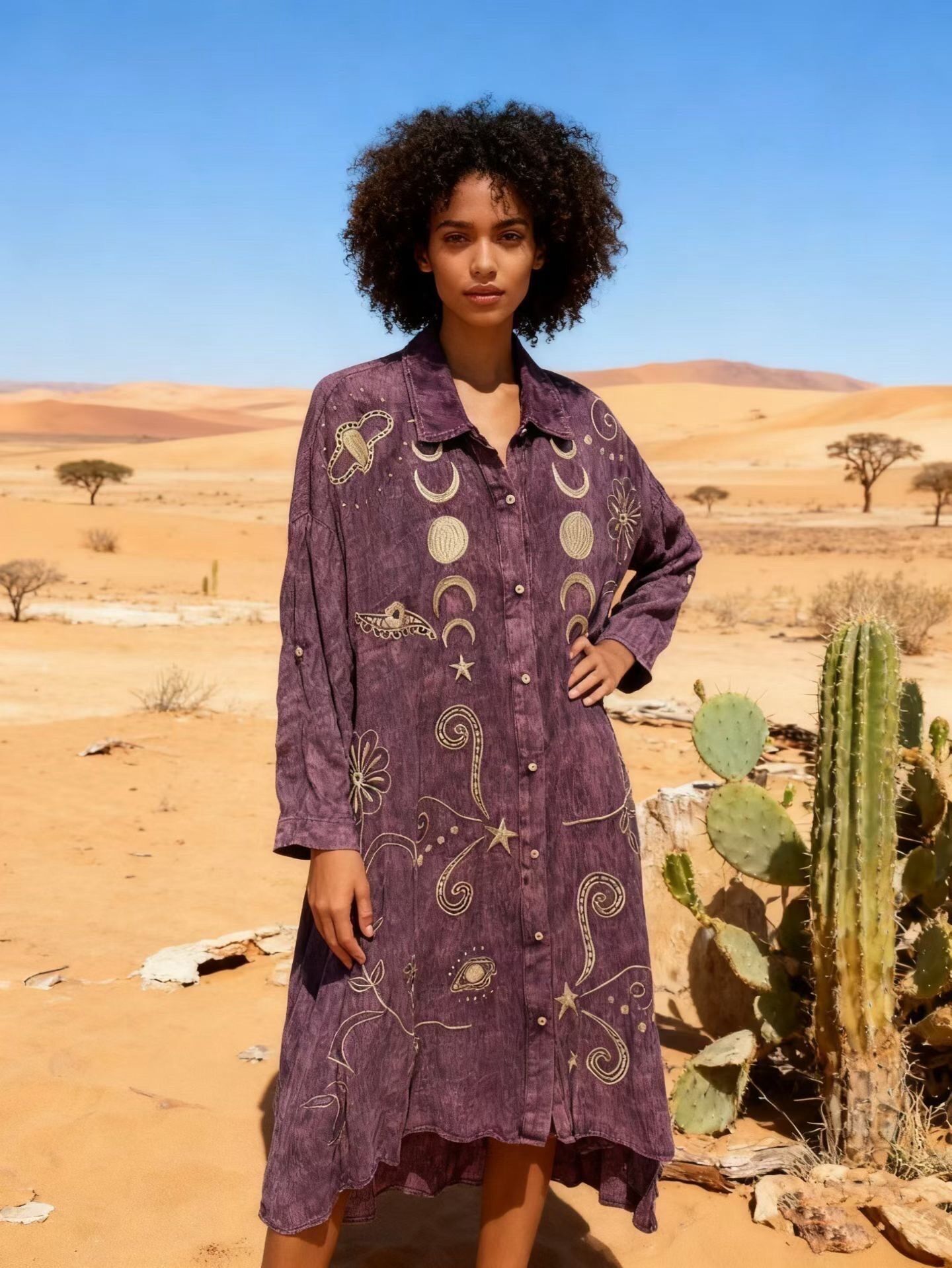 Shirt dress with embroidery, V-neck, flared cut, faded fabric