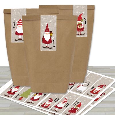 Advent calendar set - 24 brown paper bags and 24 square number stickers with Santa Claus - do it yourself and fill it up - Mini Set No. 62 - Christmas ...