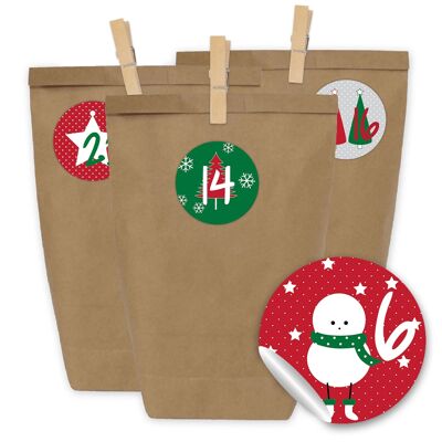 Calendario de Adviento para relleno 2020 - 24 bolsas de regalo y 24 pegatinas y clips con números - motivo clásico navideño - para relleno y manualidades - Navidad 2020 - mini set No. 15