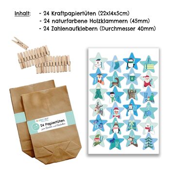 Calendrier de l'Avent à remplir 2020 - 24 sachets cadeaux et 24 autocollants et clips chiffres - motif animaux de Noël bleus - à remplir et à bricoler - Noël 2020 - Mini Set N° 39 3