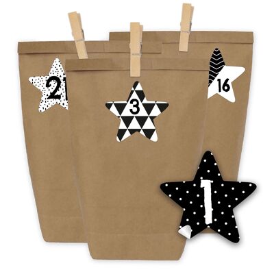 Calendario de Adviento para relleno 2020 - 24 bolsas de regalo y 24 pegatinas numéricas y soportes - motivo estrellas negras - para relleno y manualidades - Navidad 2020 - Mini Set No. 40