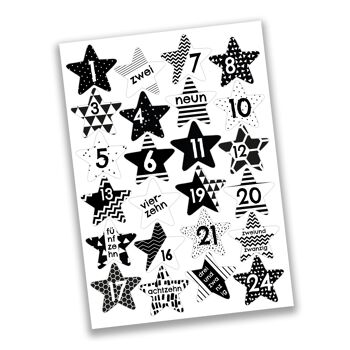 Calendrier de l'Avent à remplir 2020 - 24 sachets cadeaux et 24 autocollants et supports chiffres - motif étoiles noires - à remplir et à bricoler - Noël 2020 - Mini set n° 40 2