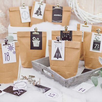 DIY Advent calendar to fill - 24 gift bags and 24 business cards with numbers and metal clips - black and white - to make yourself - Christmas