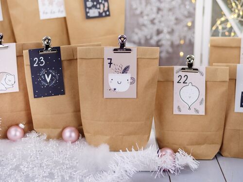 DIY Adventskalender zum Befüllen - 24 Geschenktüten und 24 Visitenkarten mit Zahlen und Metall-Klammern - Rosa-blau - zum Selberbasteln - Weihnachten