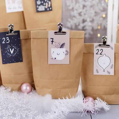 DIY Adventskalender zum Befüllen - 24 Geschenktüten und 24 Visitenkarten mit Zahlen und Metall-Klammern - Rosa-blau - zum Selberbasteln - Weihnachten