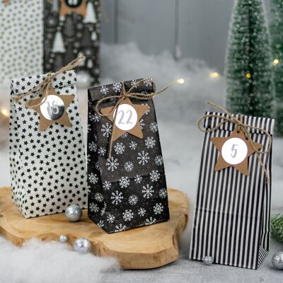 Calendario dell'Avvento da riempire - 24 sacchetti regalo stampati e 24 adesivi numerici su etichette a stella - motivo bianco e nero - per artigianato e regali - Natale