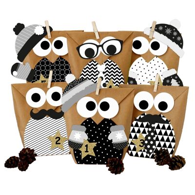 DIY Advent calendar to fill - Christmas owls - Owls Christmas 2021 - Set black and white with additional stickers - to make yourself - for children and adults