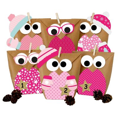 DIY Advent calendar to fill - Christmas owls - Owls Christmas 2021 - Set pink with additional stickers - to make yourself - for girls or friends