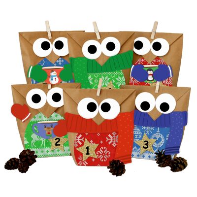 DIY Advent calendar to fill - Christmas owls - Owls Christmas 2021 - Set of knitted sweaters - to make yourself - for children and adults