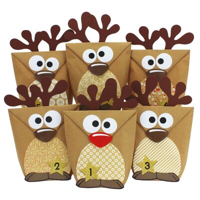 Calendario de adviento de bricolaje para llenar - reno con panza marrón para hacer tus propias manualidades - 24 bolsas para diseño individual y para llenarte - Navidad para niños