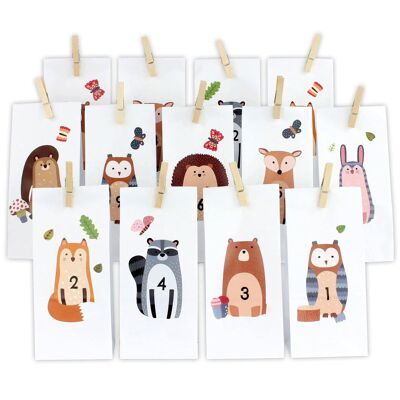 Calendrier de l'Avent DIY à remplir - Animaux de la forêt 2021 - Directement à coller et à faire soi-même - avec sachets blancs et clips - Différents animaux