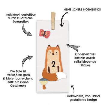 Calendrier de l'Avent DIY à remplir - Animaux de la forêt 2021 - Directement à coller et à faire soi-même - avec sachets blancs et clips - Différents animaux 2