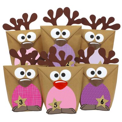 Calendario de adviento de bricolaje para llenar - reno con vientres de color rosa para hacer tus propias manualidades - 24 bolsas para diseño individual y para llenarte - Navidad para niños