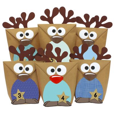 Calendario de adviento de bricolaje para llenar - reno con panza azul para hacer usted mismo - 24 bolsas para diseño individual y para llenarse usted mismo - Navidad para niños