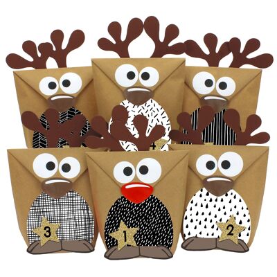 DIY advent calendar to fill - reindeer with black and white bellies to make yourself - 24 bags for individual design and to fill yourself - Christmas for children