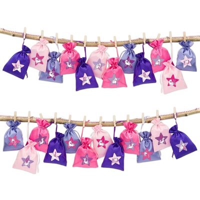 24 bolsas de tela con calendario de adviento para llenar - con cordel de panadero y clips - bolsas de tela para decorar usted mismo - bolsas de regalo - unicornios n. ° 9