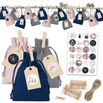 24 sacs en tissu pour calendrier de l'avent à remplir - calendrier de Noël classique - sacs en tissu pour décorer et faire soi-même de l'artisanat - sacs cadeaux - coton - or rose - numéro 19