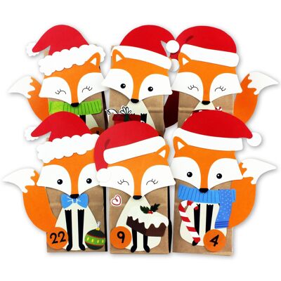 Calendario de Adviento de bricolaje para llenar - zorros perforados - con 24 bolsas de papel marrón para llenarse y hacer usted mismo - Navidad para niños