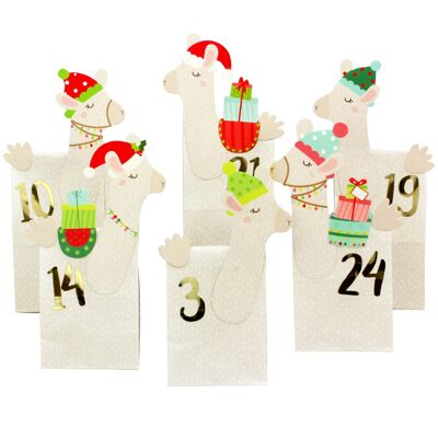 Calendario de adviento de bricolaje juego de papel Kraft - llamas perforadas - con 24 bolsas de papel con dibujos blancos para llenarte y hacerte tú mismo - Navidad