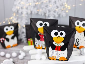 Calendrier de l'avent DIY à remplir - pingouins perforés - avec 24 sachets en papier noir à remplir soi-même et à fabriquer soi-même - Noël pour les enfants 4