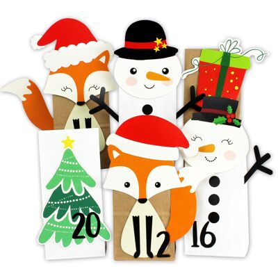 Calendario de adviento precortado de bricolaje para llenar - bosque de invierno con zorros, muñecos de nieve y árboles - con 24 bolsas de papel para llenarte y hacer tú mismo - Navidad para niños