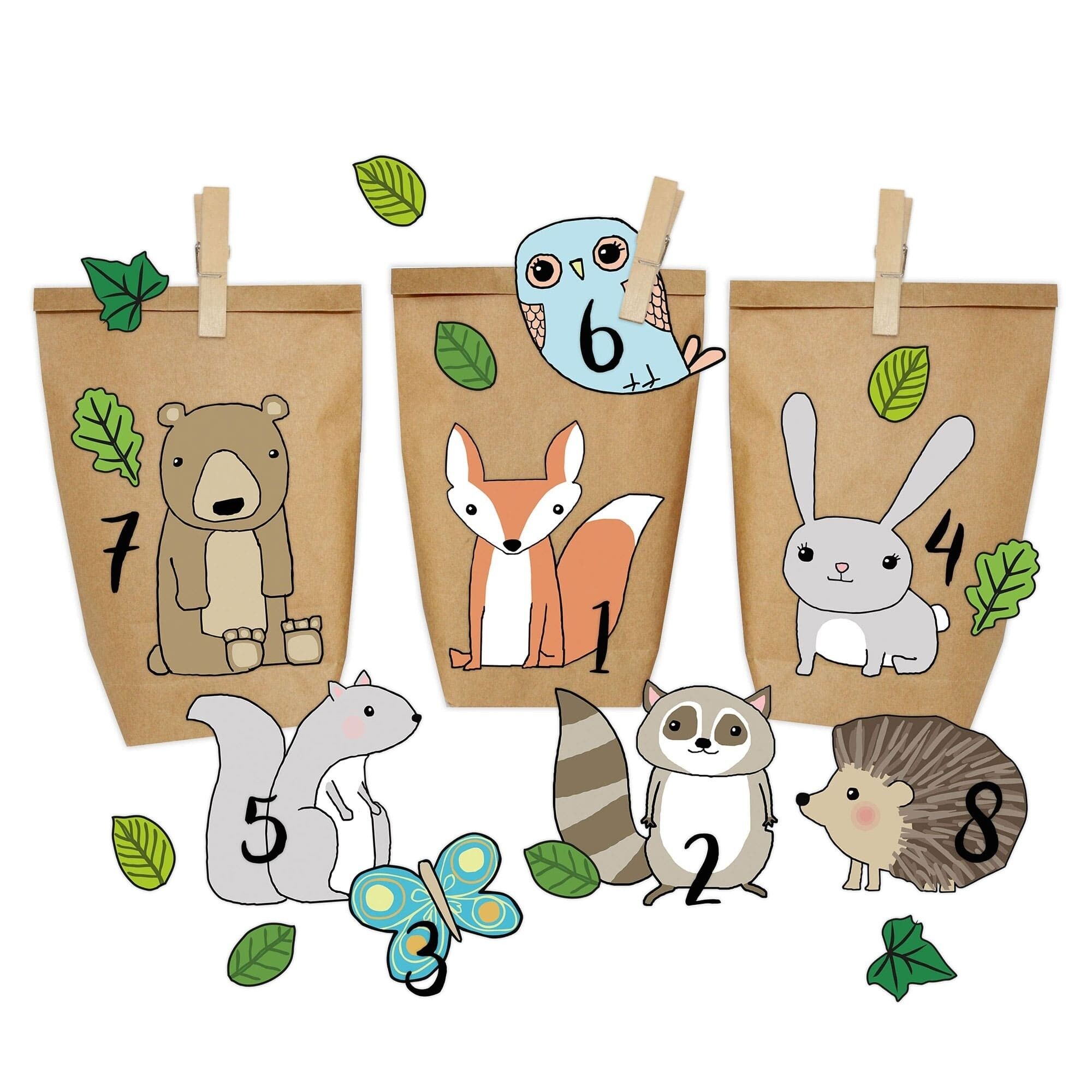 Juego de papel kraft con calendario de adviento para bricolaje - animales del bosque para pegar - con 24 bolsas de papel marrón para llenarte y hacerte tú mismo - Navidad