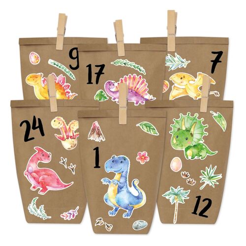 DIY Adventskalender zum Befüllen - Dinosaurier zum Aufkleben - mit 24 braunen Papiertüten und tollen Stickern für Kinder - Weihnachten