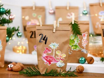 Calendrier de l'Avent DIY à remplir - dinosaure à coller - avec 24 sacs en papier marron et de superbes autocollants pour les enfants - Noël 2