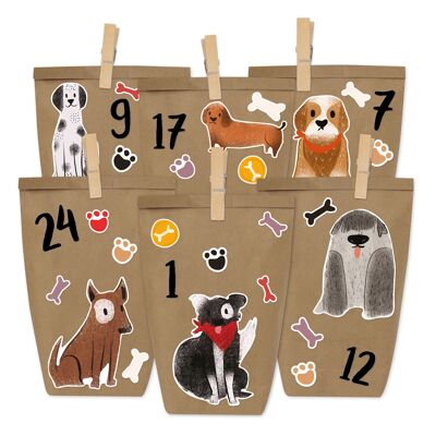 Calendario de Adviento de bricolaje para llenar - perros para pegar - con 24 bolsas de papel blanco y grandes pegatinas para niños - Navidad