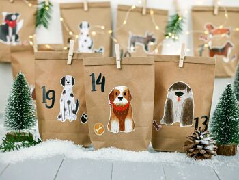 Calendrier de l'Avent DIY à remplir - chiens à coller - avec 24 sacs en papier blanc et de superbes autocollants pour les enfants - Noël 2