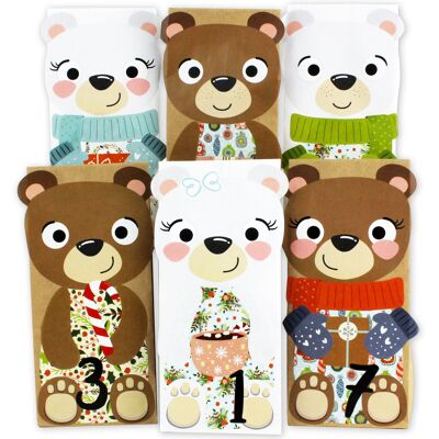 Calendario de adviento de bricolaje para llenar - osos para pegar - con 24 bolsas de papel blanco y marrón y grandes pegatinas para niños - Navidad