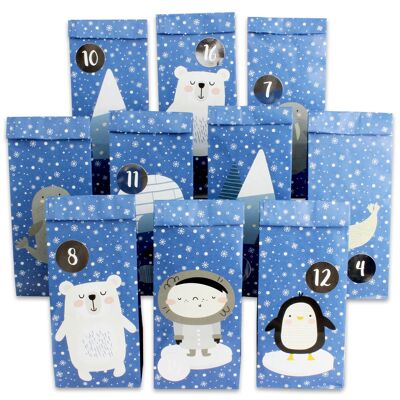 Calendario de adviento premium para llenar - animales de polo para pegar - con 24 bolsas de papel impresas en azul y estupendas pegatinas para niños - Navidad
