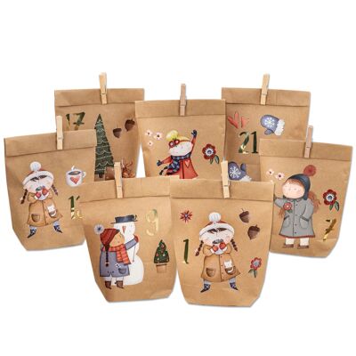 Calendario dell'Avvento Premium da riempire - pattinatrice su ghiaccio da attaccare - con 24 sacchetti di carta marrone e fantastici adesivi per bambini - Natale