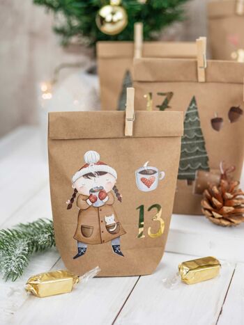 Calendrier de l'Avent Premium à remplir - patin à glace à coller - avec 24 sacs en papier marron et superbes autocollants pour enfants - Noël 4