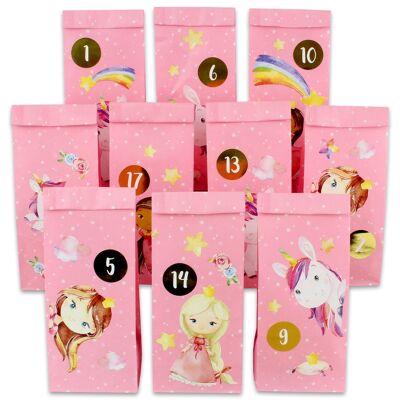 Premium advent calendar to fill - princess and unicorn to stick on - with 24 pink printed paper bags and great stickers for children - Christmas