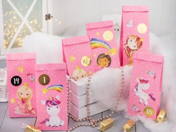 Calendrier de l'Avent Premium à remplir - princesse et licorne à coller - avec 24 sacs en papier imprimés roses et de superbes autocollants pour enfants - Noël 5