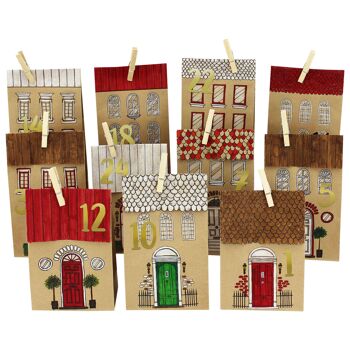 Ensemble de papier kraft calendrier de l'avent bricolage - maisons à colorier - avec 24 sacs en papier imprimé marron à colorier et à remplir soi-même - Noël 2021 1