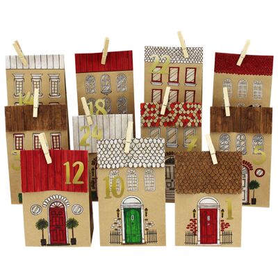 DIY Adventskalender Kraftpapier Set - Häuser zum Ausmalen - mit 24 braunen bedruckten Papiertüten zum Ausmalen und selbst Befüllen - Weihnachten 2021