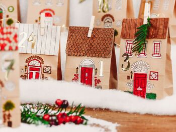 Ensemble de papier kraft calendrier de l'avent bricolage - maisons à colorier - avec 24 sacs en papier imprimé marron à colorier et à remplir soi-même - Noël 2021 5