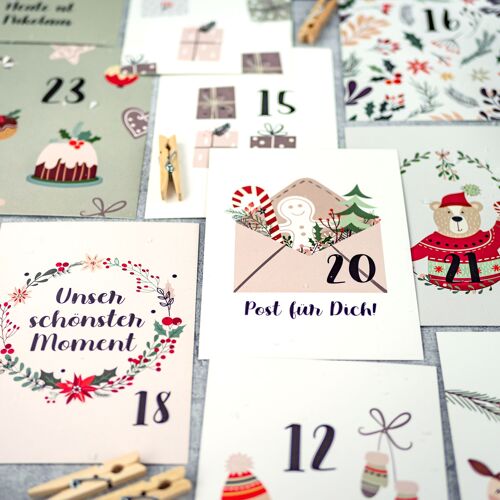 Adventskalender zum Basteln und Verschenken | 24 Karten zum Gestalten | Geschenkidee in der Vorweihnachtszeit für Frauen und Männer | mit liebevollen Motiven zum Aufhängen | Hygge