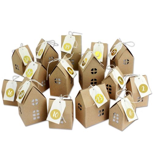 Adventskalender Häuser zum Basteln und Befüllen - mit goldenen Zahlenaufklebern - 24 naturbraune Schachteln aus 400g/m²-Karton zum Aufstellen - 24 Boxen - Weihnachtsdorf Set - wiederverwendbar