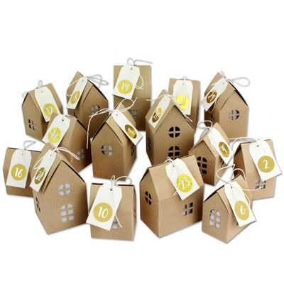 Calendario de adviento casas para manualidades y relleno - con pegatinas numéricas doradas - 24 cajas marrones naturales de cartón de 400g / m² para montar - 24 cajas - Set pueblo navideño - reutilizable