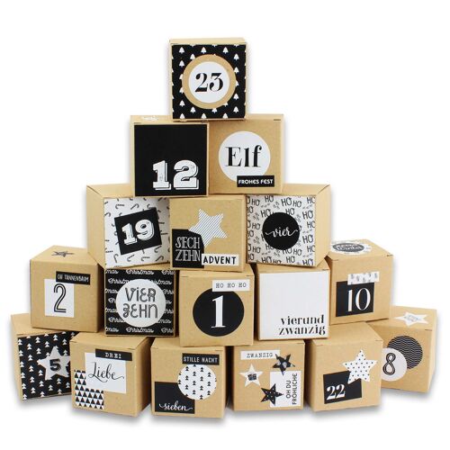DIY Adventskalender zum Befüllen - 24 Kisten zum Basteln - Motiv Schwarz-weiß - 24 naturbraune Schachteln aus 400g/m²-Karton zum Aufstellen und Dekorieren - 24 Boxen - Weihnachten