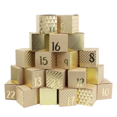 Calendario de Adviento premium para llenar - 24 cajas doradas con 24 números dorados para manualidades 24 cajas marrones naturales de cartón de 400g / m² para montar y decorar